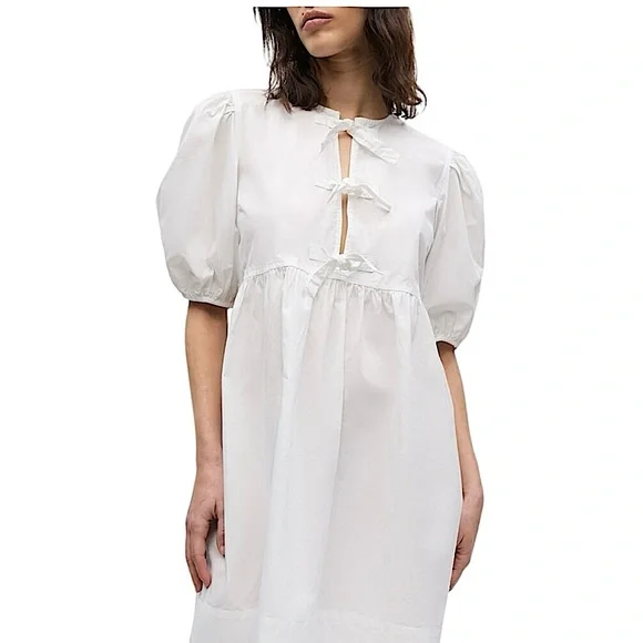 Ganni White Cotton Poplin Tie String Mini Dress Boho Beachy Size 44EU or 14US - Picture 3 of 13